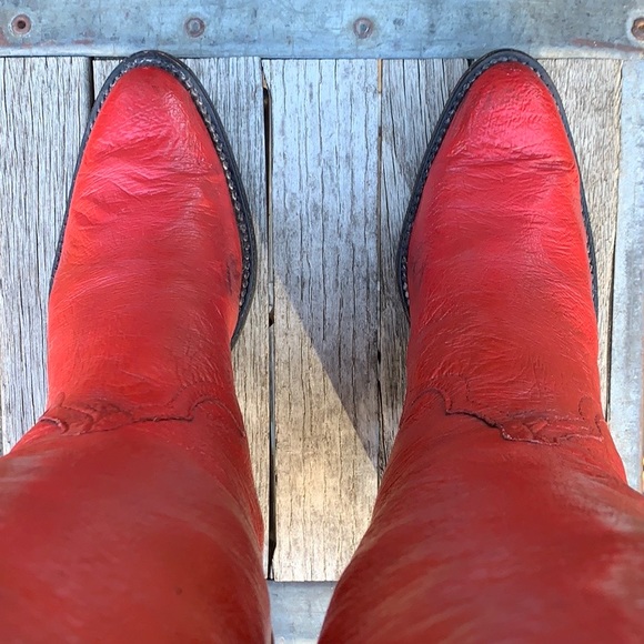 LARRY MAHAN VTG Ostrich Exotic Tall Knee High Red Painted Cowboy Western Boots - Picture 6 of 13
